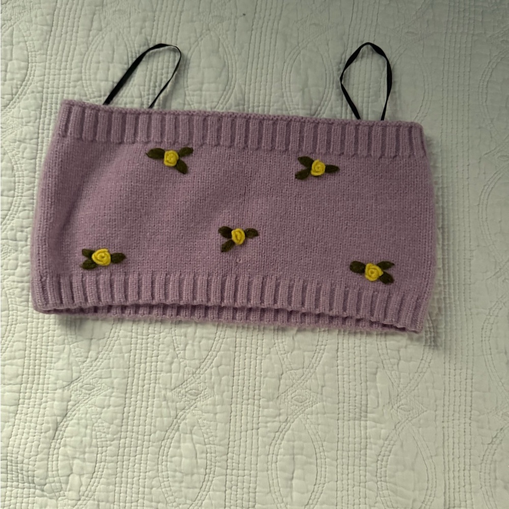 Lilac Cable-Knit Button-Front Women's Sweater Cardigan with Flowers - Picture 4 of 7